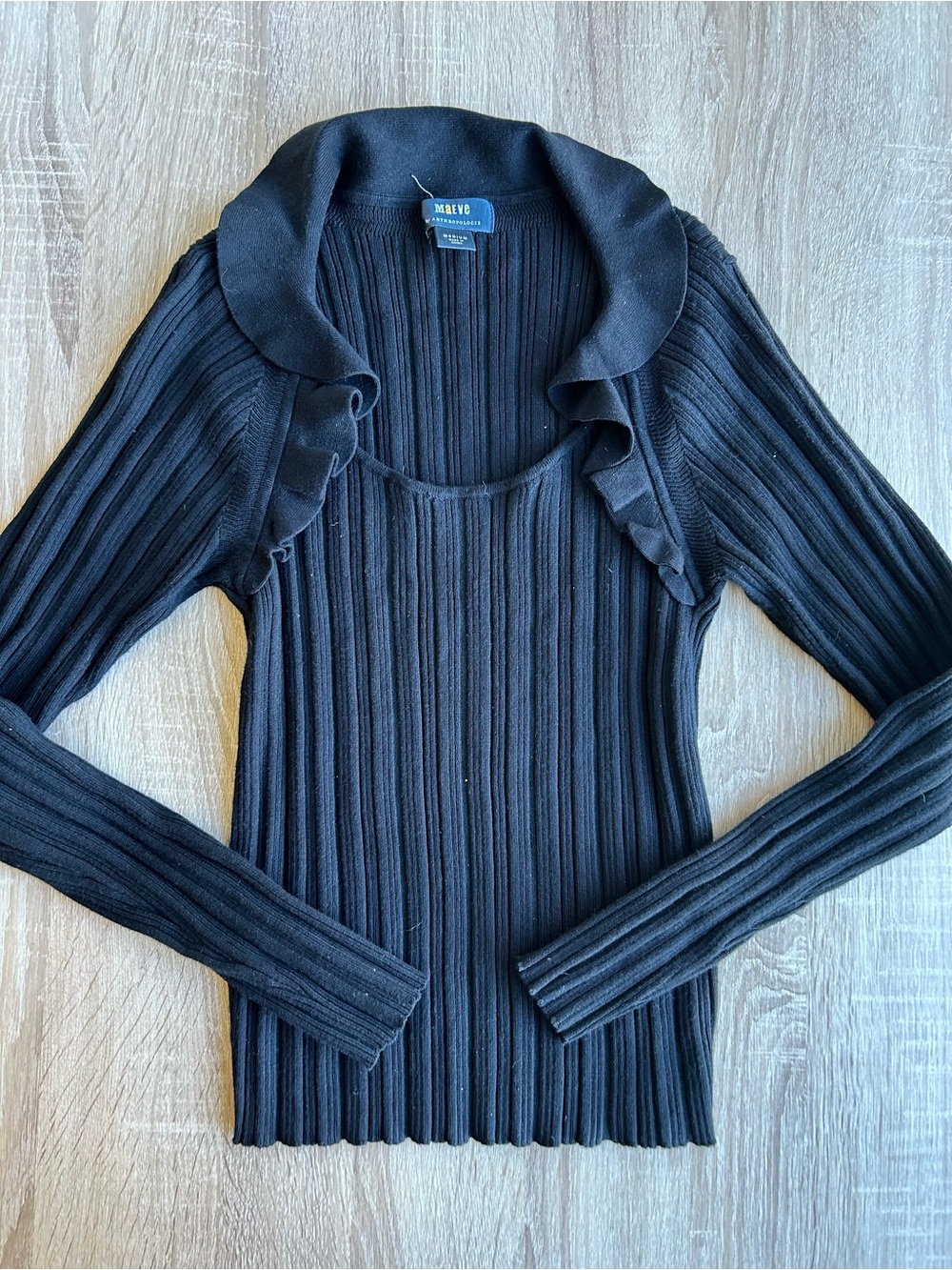 MAEVE Black Ruffle-Trim Ribbed Long Sleeve Sweater M Medium Anthropologie